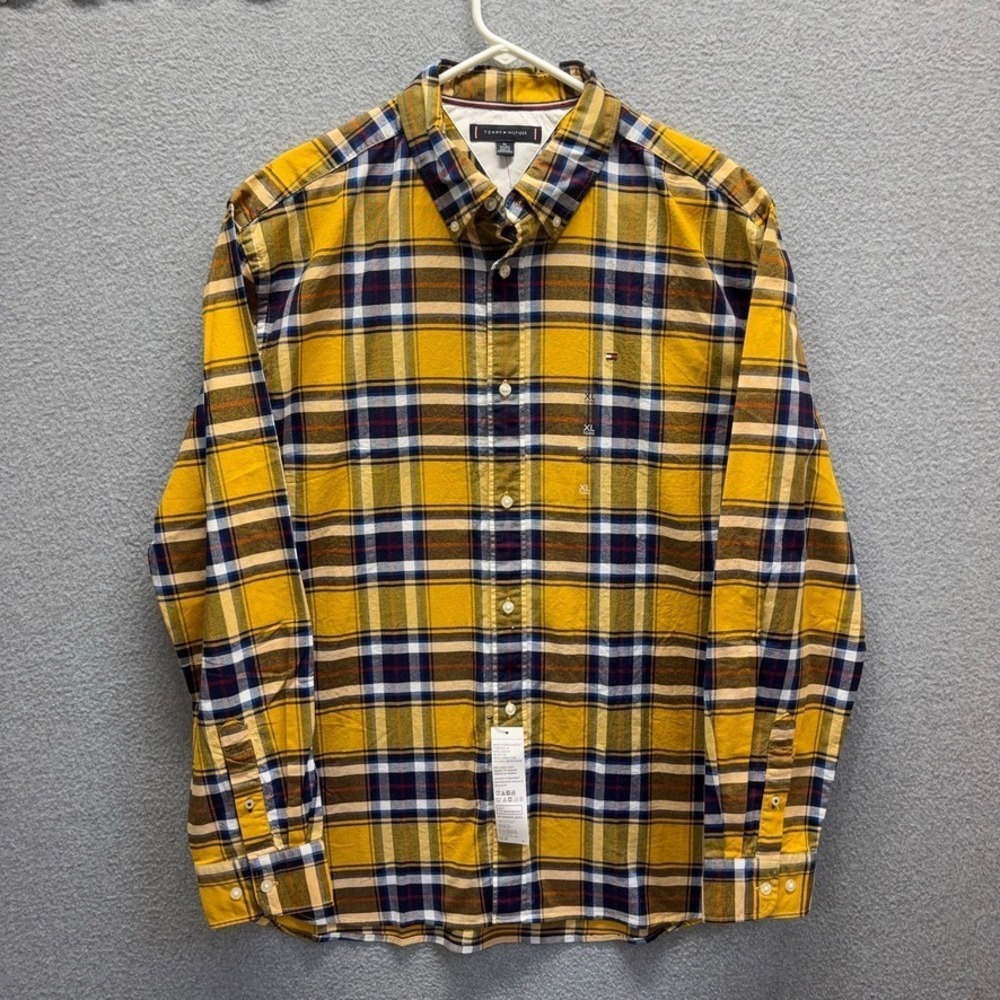 Tommy Hilfiger Shirt Mens XL Yellow Plaid Button Down Long Sleeve Preppy New